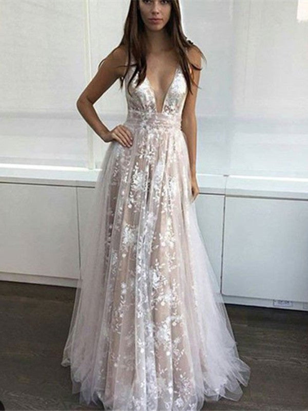 V Neck Lace Ivory Prom Dresses ...